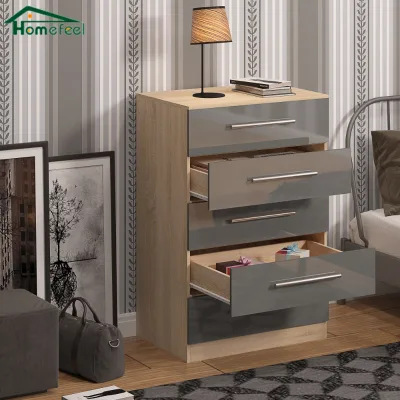 5 Drawers 117cm Tall MDF Side Corner Silver Handles Wood Wall for Living Room Toy Storage Cabinet Chest of Drawers