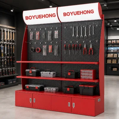 Heavy Duty Red Metal Pegboard Perforated Supermarket Shelf Mobile Retail Display Rack Stand with Storage Cabinet and Logo Header