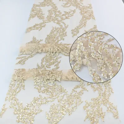 Popular Luxury Golden Yellow Bridal Dress Sequin Embroidery Beaded Lace Fabric Tulle Wedding Dress