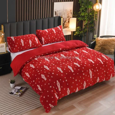 FY Customized Logo Red Snowflakes Weft Knitted Cation Recycled Polyester Flannel Bedding Set for Adults Kids