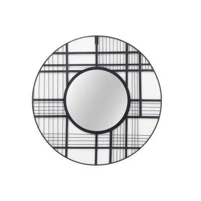 Round Morden Elegant Irregular Mesh Lines Black Metal Decorative Wall Mirror Frame