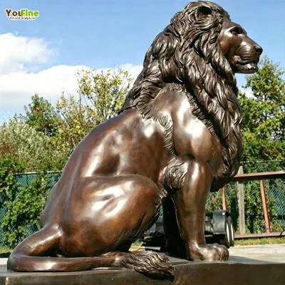 Large Cast Bronze Lion Sculpture Sitting Guardian Statue for Garden Hotel Mansion Outdoor Decor Handcrafted Antique Patina