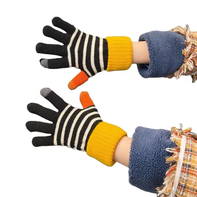Top Sell Striped Snow Gloves Factory Selling of Winter Students Cute Five Finger Crystal Yarn Warm Cycling Cashmere Gloves