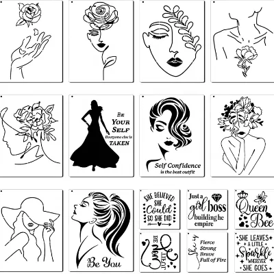 16 Pieces Women Theme Stencils Floral Female Face and Inspirational Quote Stencil for Home Wall Art Decor
