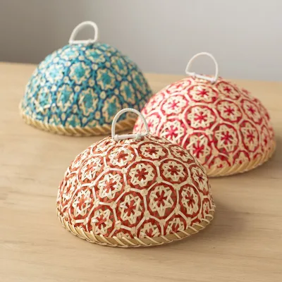 Handmade Rattan Fruit Tray Bread Basket Round Table Cover with Lid Insect Proof