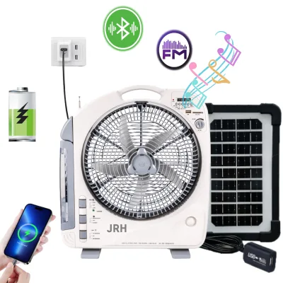 12-Inch Portable Solar Rechargeable Emergency Fan Plastic with 4000mAh Battery FM Radio for Speaker & LED Light-Car/Outdoor Use