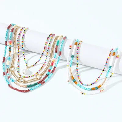 Handmade Multi Layer Colorful Rice Bead Summer Necklaces Beaded Polymer Clay Necklace Ceramic Shell Chain Necklace