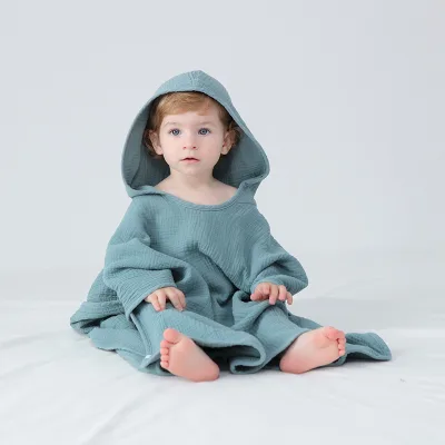 Baby Hooded Bath Towel Cotton Muslin Solid Color Wearable Bathrobe Cape Poncho Absorbent Wrap