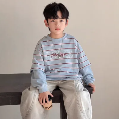 Boys Autumn/Spring Cotton Long Sleeve Sweatshirt New Korean Style Fake Two-Piece Striped Top for Older Kids