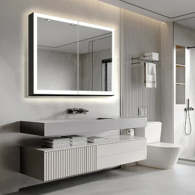 Top Grade Wholesale Modern Wall Mounted White High Glossy Aluminum Alloy+Mercury Lens Basin Bathroom Vanity with LED Mirror