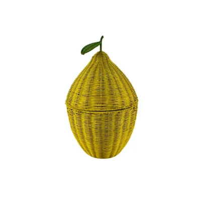 HT Cute Yellow Lemon Shaped Natural Wicker Storage Basket for Kids Room Handcrafted Rattan Toys Basket in Fruit Shape