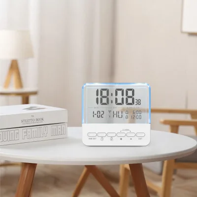 Minimalist Space-Saving Design Transparent LCD Display Time Date Weekday Seconds and DST Dual Alarm Small Alarm Clock