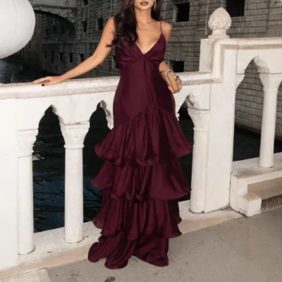 New Arrival Womens Fashion French-Style Deep V-Neck Strapless Waist-Cinching Tiered Floor-Length Ball Gown Cashmere Dress