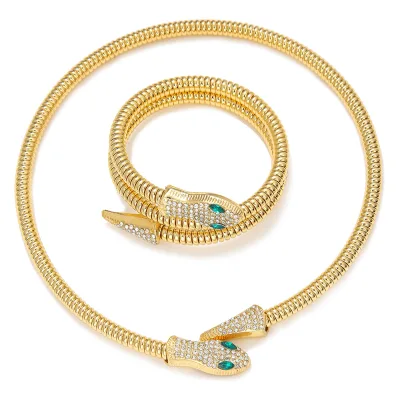 European and American Exaggerated Snakes Choker Bracelet Set Metal Spring Animal Choker Necklace Women Jewelry Set