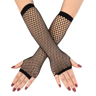 Hollow Out Punk Glov Women Sexy Black Gloves Full Finger Elegant Lady Dance Costume Lace Fingerless Mesh Fishnet Gloves