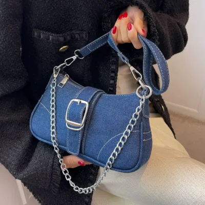 Colefa Denim Small Single Shoulder Bag European American Style Fashionable Ladies Crossbody Handbags Jean Chain Armpit Bag