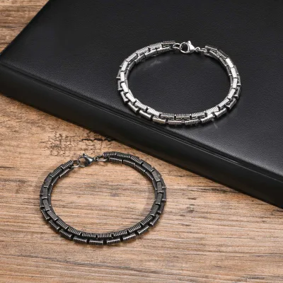 Waterproof Retro Black Stainless Steel Embossed Handmade Square Chain Bracelet Cuban Link Bracelet Punk Jewelry