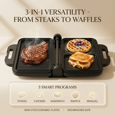 3 in 1 Sandwich Maker Digital Waffle Maker Grill Press with 5 Smart Programs Non-stick Ceramic Plate Breakfast Machine