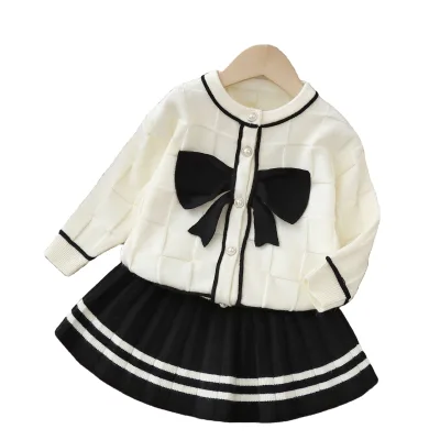 2025 Autumn Winter New Knitted Two-Piece Set Casual Solid Girls Cardigan Top Jacket Bow Sweater Skirt Suit for Little Girls Girl dress