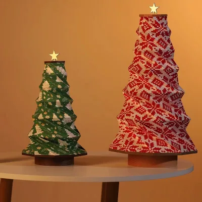 Origami Style Foldable Christmas Tree Light Solid Wood Shell with Tyvek Lampshade Warm Colorful LED for Home Decor
