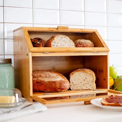 Kitchen Bamboo Bread Bin and Box-Double Layer Bread Storage with Clear Windows Minimalist Design Freshness Preservation