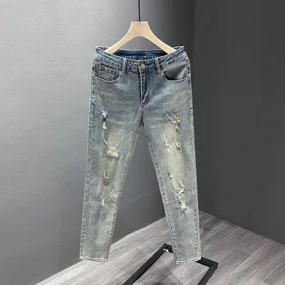 Hot Selling High Quality Men's Mid Waist Slim Fit Denim Jeans New Arrival Cotton Straight Casual Distressed Streetwear  Washed