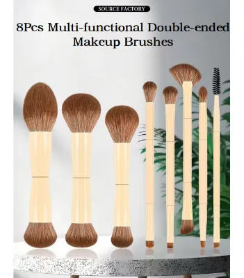 8Pcs Double-ended Makeup Brush Set Soft Synthetic Fiber Wooden Long Handle Cosmetic Brushes Foundation Eyeshadow Blush