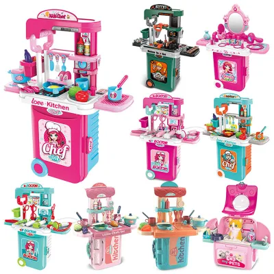 3 in 1 Kids Plastic Cooking Pretend Game Play Toy Set Toy for Children Educational Suit Trolley Suitcase Box Kitchen Toys