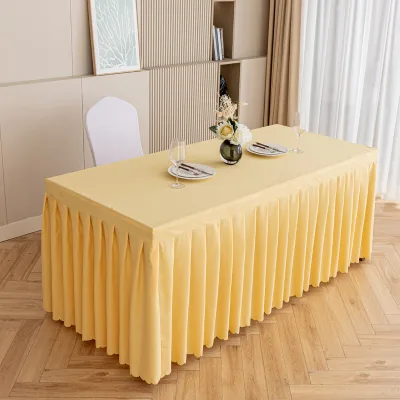100% Polyester Custom Solid Color Elegant Pleated Banquet Table Skirt for Hotel Weddings and Events