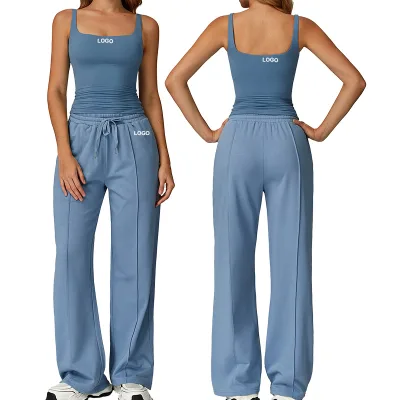 TZ8933 Women's High-Waist Wide-Leg Tank Top Set for Leisure Sports Sleeveless Running Fitness Comfortable Outfit