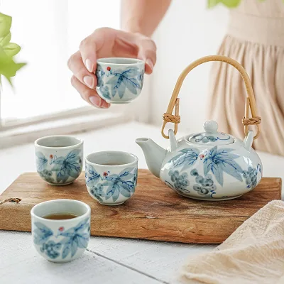 Blue White Porcelain Tea Pot Set Rattan Handle, Portable Ceramic Tea Set in Gift Box, Chinese Style Tea Pot Wholesale