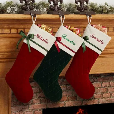 Personalized Quilted Velvet Christmas Stockings, Custom Embroidered Name Xmas Stocking with Satin Bow for Family Mantel Decor
