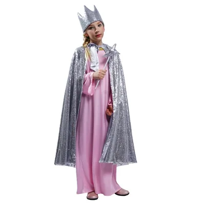 Kids Sequin Fashion Princess Party Costume Halloween Witch Wizard Silver Color Cloak Cape Cosplay Costume