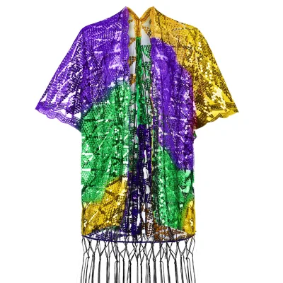 Women Mardi Gras Costume Duster Jacket Sequin Cape with Tassel Carnival Celebration Parade Party Costume Fashion Festival Outfit