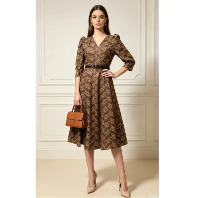 3XL 2XL Lace Vintage Dress 2026 Autumn Fashion Style Women V-Neck Jacard Flower Prints 3/4 Sleeve Mid-Calf Grey Khaki Dress