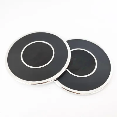 Classic Blank Inside Black Leather Metal Tea coaster Back Anti-slip Velvet Metal Silver Gold Cup coaster with Custom Print logo