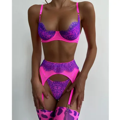 Dnika Lace 3-Piece Floral Sexy Underwear Set XL European American Push-Up Bra Thongs Suit Embroidery Adjustable Low-Rise Waist