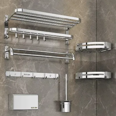 5-Piece Stainless Steel Bath Hardware Set Heater Includes Toilet Paper Holder Towel Rack Towel Bar Toilet Brush Holder Corner
