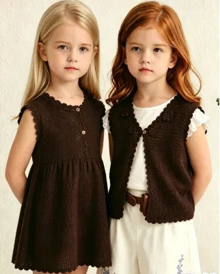 Hand Crochet Floral Kids Knitted Vest Sleeveless Edge Girls Waistcoat Summer Breathable Children Knit Cardigan Vest