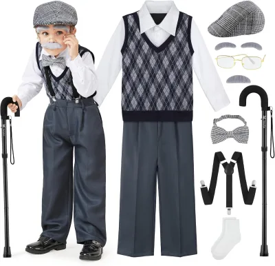Kids 100 Days of School Costume for Boys 9-Pieces Kids Pretend Halloween Old Man Costume Hat Glasses Vest Set Costumes for Child