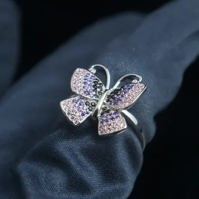 Multicolor Butterfly Ring Pink Purple Black Gradient Moissanite Ring Hip Hop Silver Jewelry Pave Micro Setting Butterfly Band