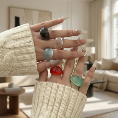 Qijun European American Resin Halo Irregular Artistic Ring Female Retro Niche Color Matching Business Gift Fashion
