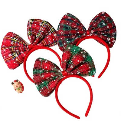 Christmas Plaid Fabric Headband Xmas Snowflake Red Bow Headdress Holiday Photo Booth Props