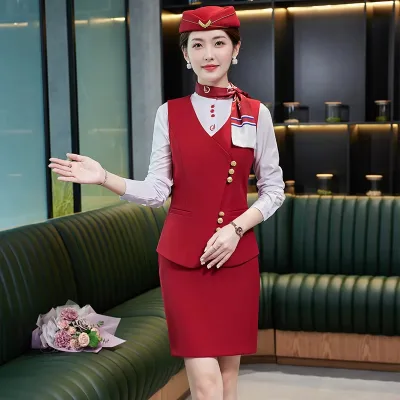 Custom Logo Women Flight Attendant Uniform Vest Pant Skirt with Hat Good Quality Set