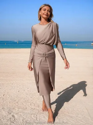 Custom OEM Solid Khaki Burkini 3 Piece Women Round Neck Long Sleeve Metal Buckle Ruched Wrap Skirt Full Coverage Muslim Swimwear
