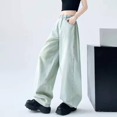 Women's Vintage Wash Light-colored High-waisted Baggy Denim Wide-leg Pants