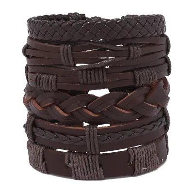 Wholesale 6pcs Vintage Leather Wrap Bracelets Handmade Adjustable Length Engraved Logo Geometric Design for Women Men