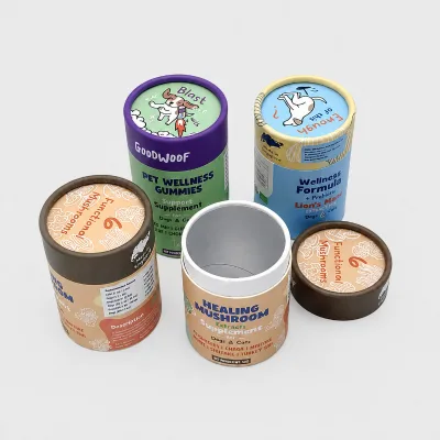 Custom Printed Pet Food Paper Tube Packaging Kraft Cylinder Gift Box for Dog Cat Treats Gummy Packaging Eco Friendly