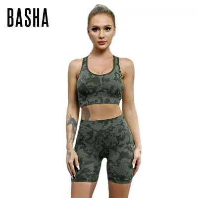 Seamless Stretchy Camo Fitness Workout Sportswear Gym Clothing Short Pants Women High Waist Compression Yoga Shorts and Bra Set