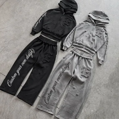 Custom Distressed Washed Double Hood Hoodie and Sweatpants Hoodie Set Vintage 2 Piece Tracksuits for Men